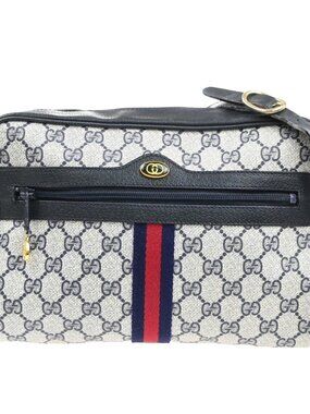 GUCCI Logo GG Sherry Line Shoulder Hand Bag PVC Leather Navy Blue Italy 69MA470